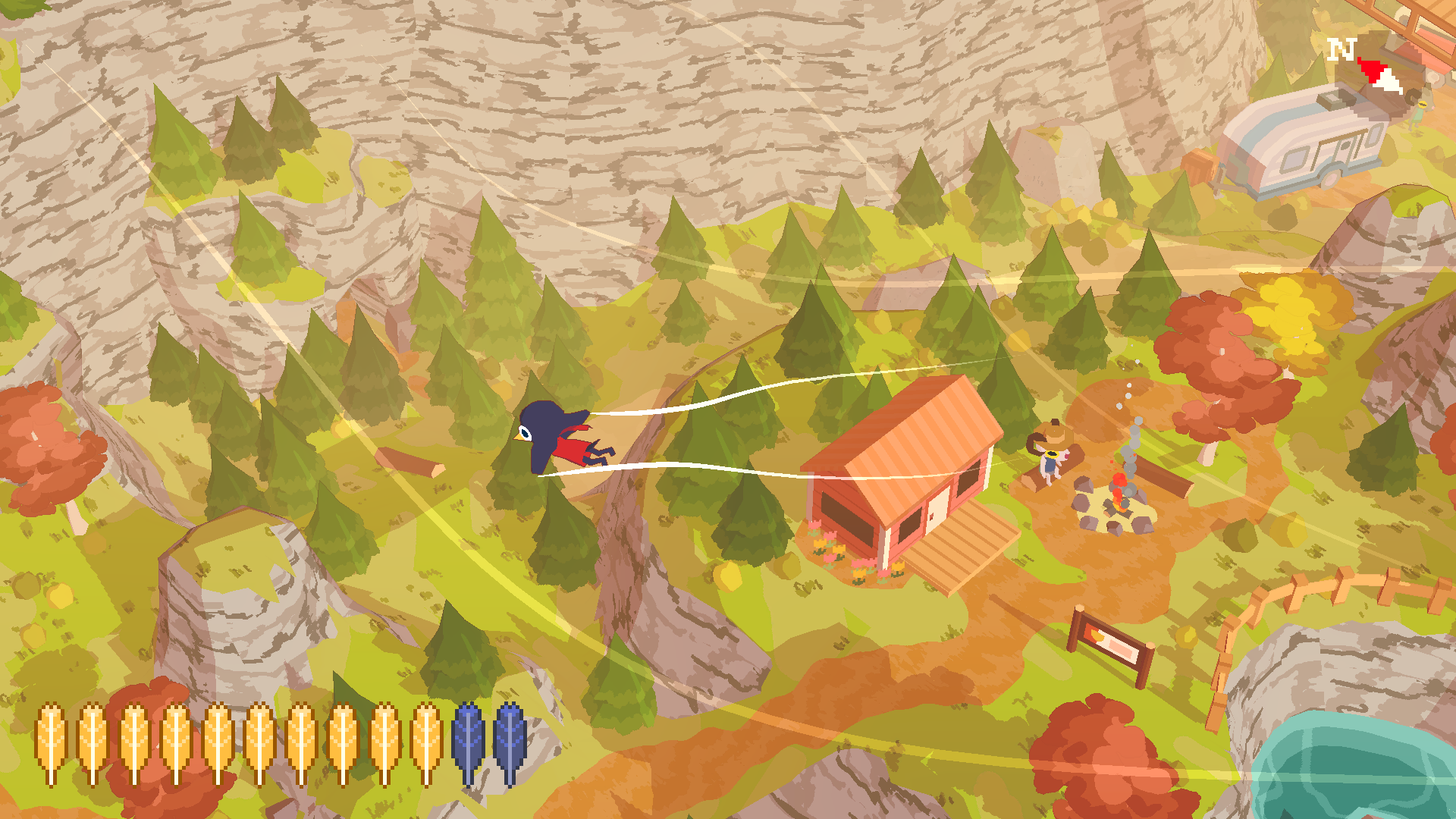 A Short Hike screenshot showing a bird character glinding through mountain landscape