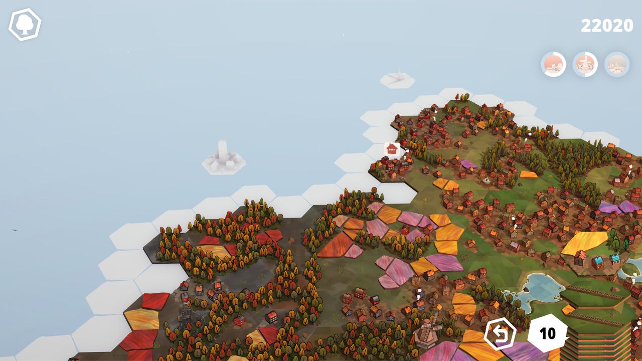 Dorfromantik screenshot showing hexagonal tiles creating a village