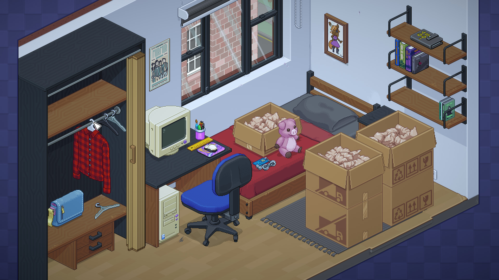 Unpacking game screenshot showing pixel-art bedroom organizing
