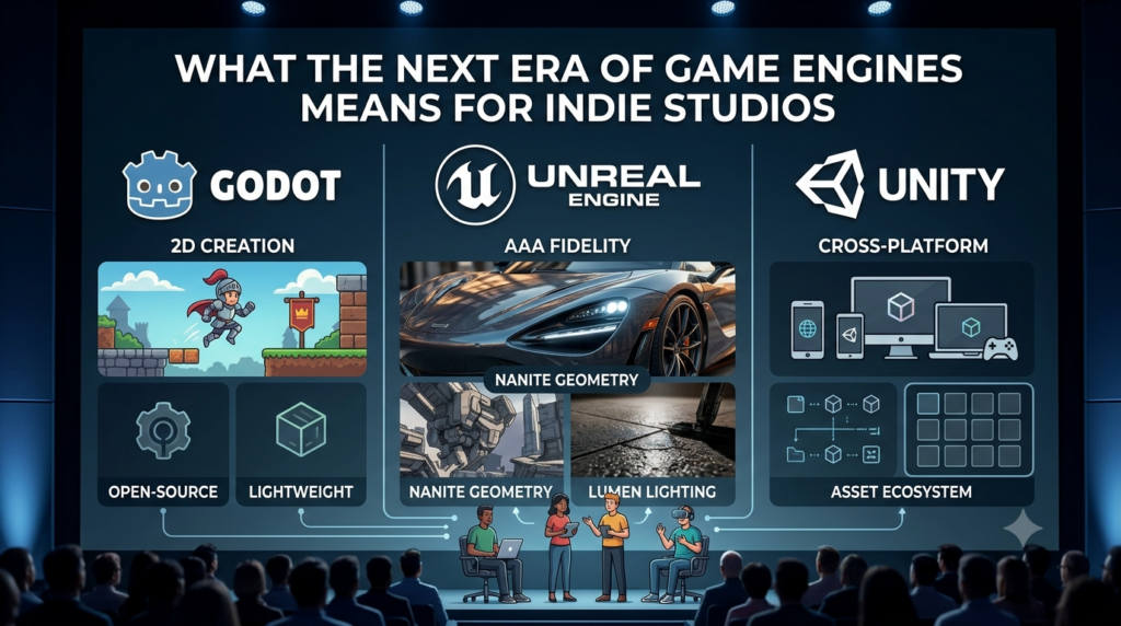 Infographic slide titled What the Next Era of Game Engines Means for Indie Studios, comparing Godot, Unreal Engine 5, and Unity features.