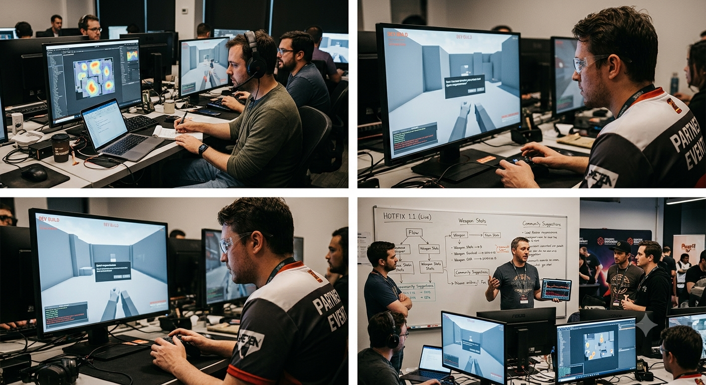 Game developers and community testers evaluating game balance and telemetry data during a live studio playtest event