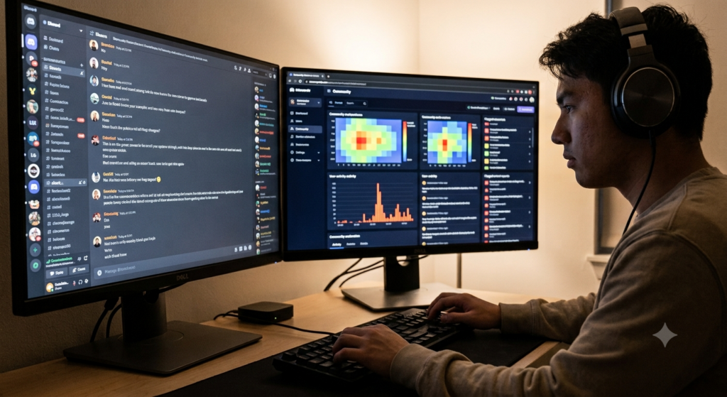 Community moderator wearing headphones reviewing Discord chat logs and analytics dashboards on dual monitors.