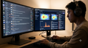 Community moderator wearing headphones reviewing Discord chat logs and analytics dashboards on dual monitors.