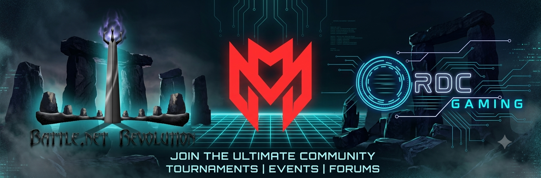 Gaming banner featuring Battle.net Revolution, Monolith Gaming, and RDC Gaming logos with text: Join the ultimate community, tournaments, events, forums.