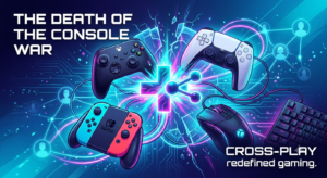 Gaming controllers for PlayStation, Xbox, Switch, and PC keyboard connected by neon cross-play lines with text reading The Death of the Console War.